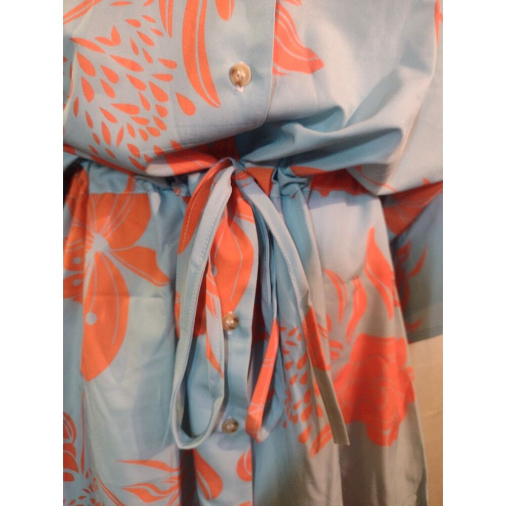 Blue Orange Floral Kimono Dress Size L V-Neck Button Front Tie Waist - Picture 5 of 8